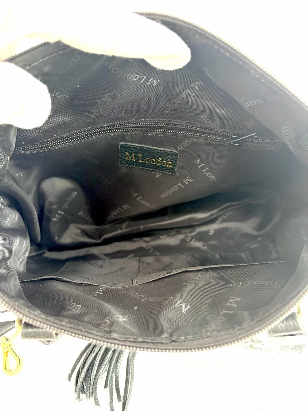NWT!  M. London Black Leather Satchel Handbag with Crossbody, Tassel Detail